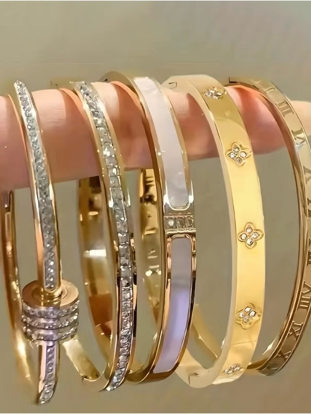Gold-Tone Women's Bangle Bracelet Set with White Inlay and Crystal Accents